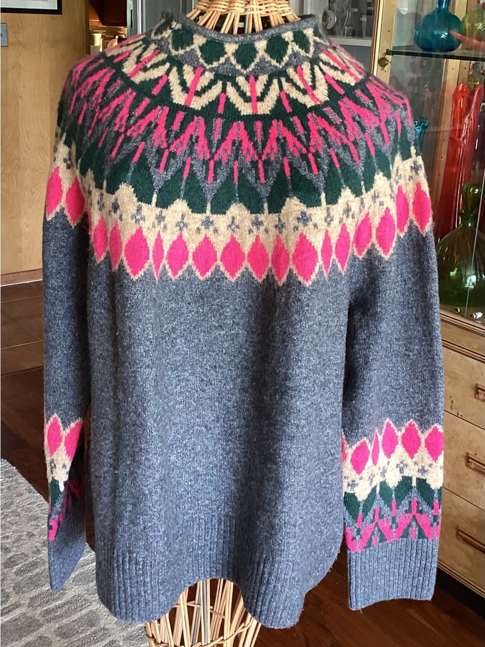 Vince Camuto Gray Crewneck Sweater with Pink & Green Fair Isle Yoke